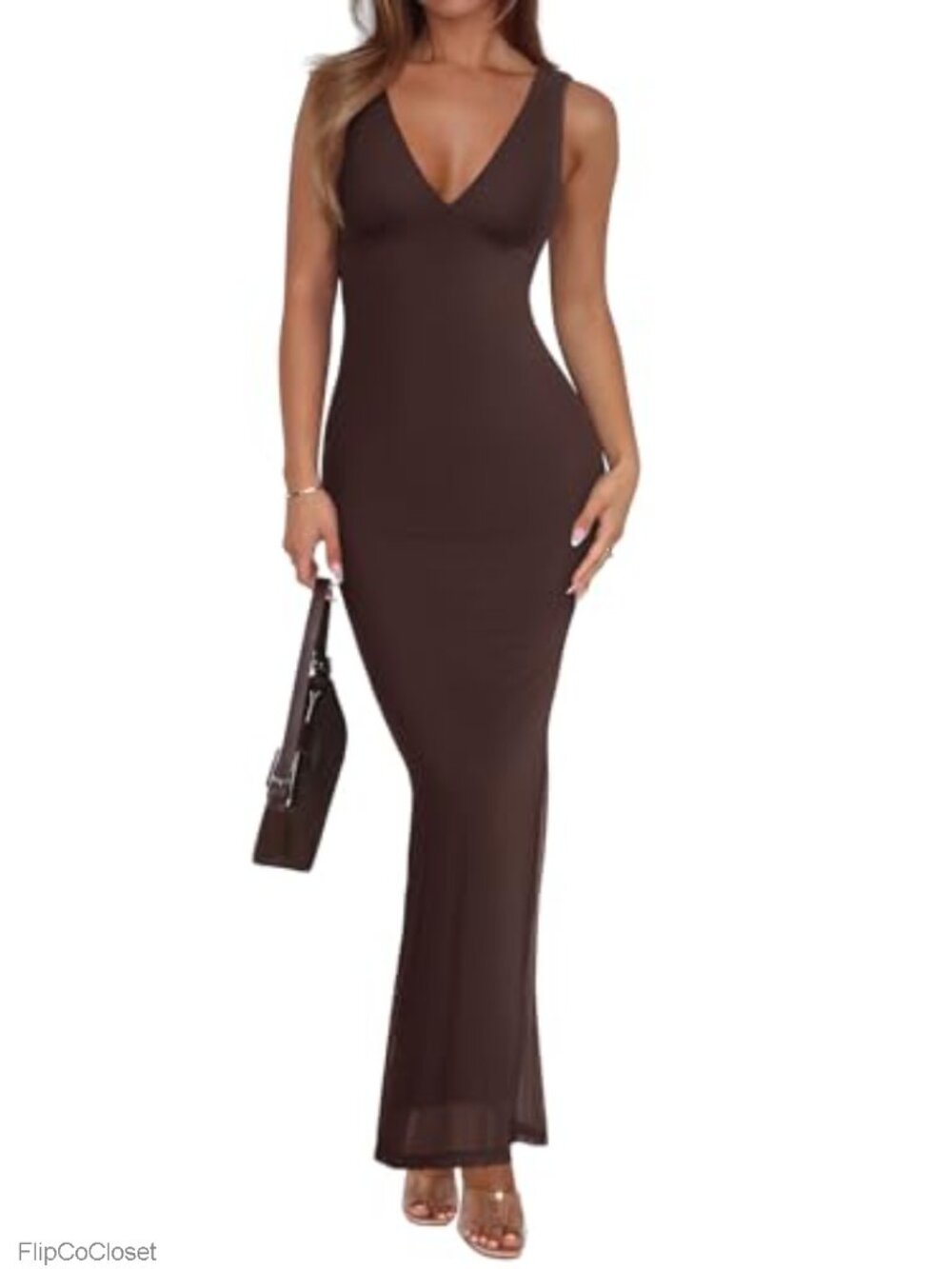 Sleeveless V-Neck Mesh Maxi Dress Bodycon Party Wear